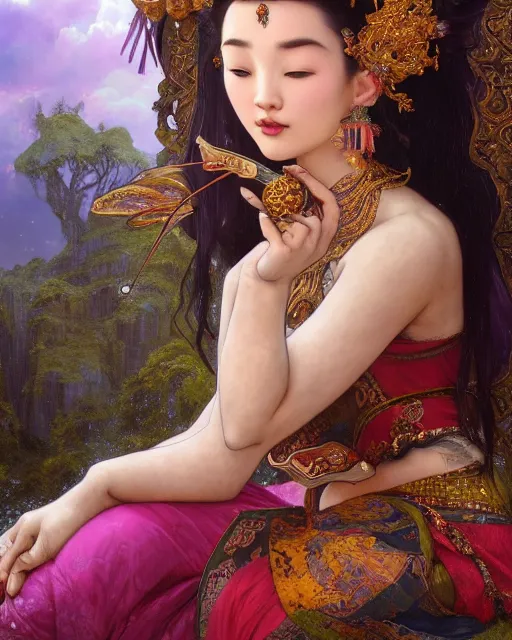 Prompt: a beautiful intricate exquisite imaginative exciting eastern classical close up portrait of an asian enchantress sitting with elegant looks, dark flowing robe, ornate magical intricate and soft by ruan jia, tom bagshaw, alphonse mucha, krenz cushart, beautiful waterfall and ruins in the background, epic sky, vray render, artstation, deviantart, pinterest, 5 0 0 px models