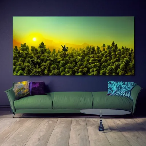 Image similar to an amazing deep painting of a marijuana world, intricate detail, sunset, idyllic, serene, volumetric lighting, 8 k, photorealistic, digital art trending on artstation