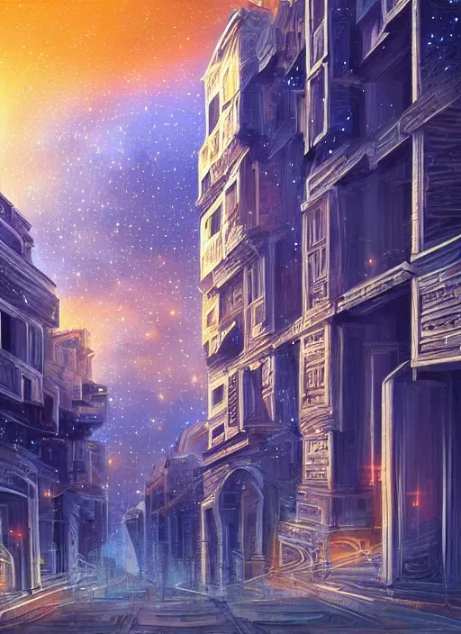 Image similar to ethereal starlit city at sunset, italian futurism, da vinci, hd, digital painting