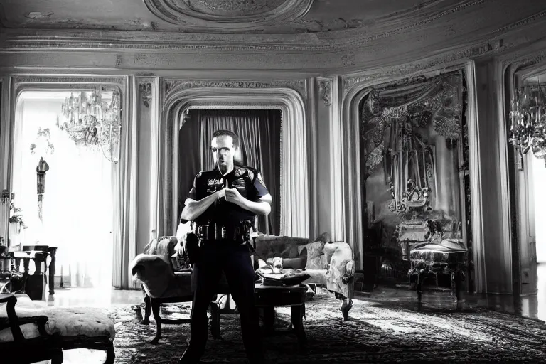 Prompt: cinematography portrait of a cop talking to his radio in an decadent mansion foyer by Emmanuel Lubezki
