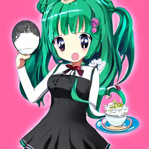 Prompt: Cthulhu as a anime girl in a maid uniform serving customers in a cute cafe, trending on pixiv, konachan.com