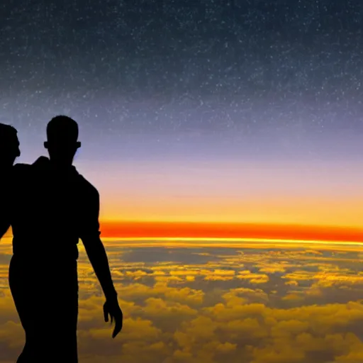 Image similar to silhouette of a gay couple looking at the sunrise from space