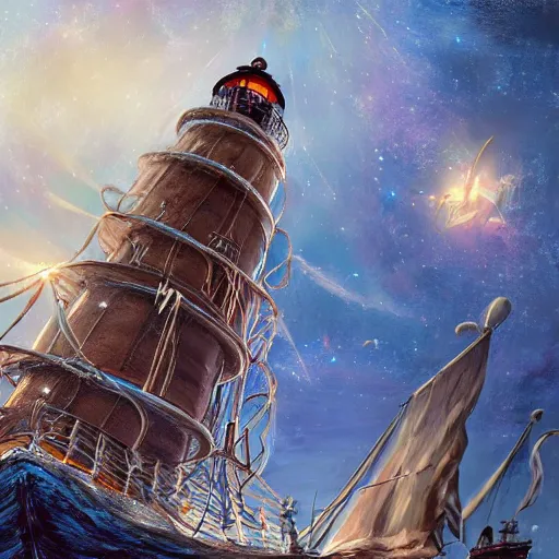 Image similar to pirates sailing the lighthouse in the middle of the galaxy , wide angle shot, diffuse lighting, fantasy, intricate, elegant, highly detailed, lifelike, photorealistic, digital painting, illustration, concept art, smooth, sharp focus, A24!film cinematography