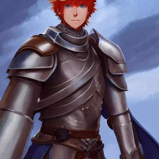 Image similar to portrait of a young redheaded man with blue eyes and wearing a armor, medieval background, highly detailed, digital painting, artstation, matte, by makoto shinkai, animation style, studio ghibli, anime key visual