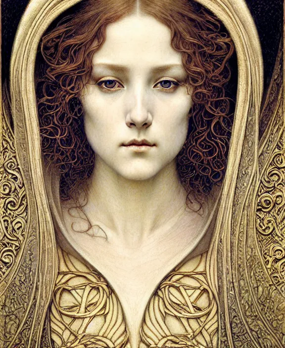 Image similar to detailed realistic beautiful young medieval queen face portrait by jean delville, gustave dore and marco mazzoni, art nouveau, symbolist, visionary, gothic, pre - raphaelite. horizontal symmetry