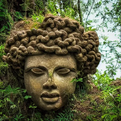 Image similar to head of an ancient floating amongst vines and jungle