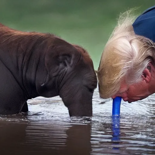 Image similar to national geographic professional photo of biden and trump drinking from a watering hole with animals, award winning