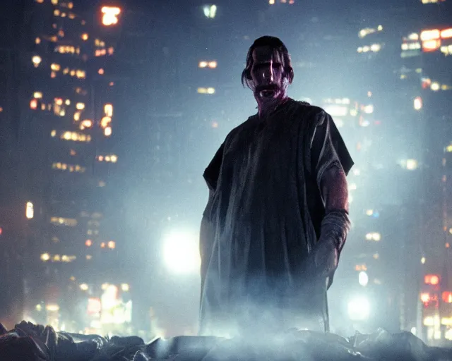 Image similar to a film still of gorr the god butcher played by christian bale, in neotokyo, cinematic lighting, high resolution, 4 k