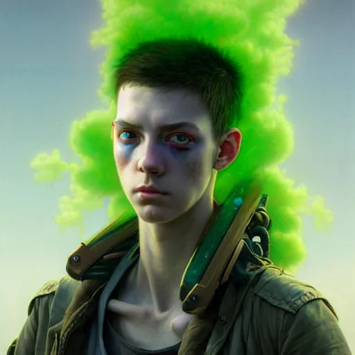 Image similar to portrait painting of a post - apocalyptic bald androgynous teenager with white eyes and a green aura around his head, ultra realistic, concept art, intricate details, eerie, highly detailed, photorealistic, octane render, 8 k, unreal engine. art by artgerm and greg rutkowski and charlie bowater and magali villeneuve and alphonse mucha