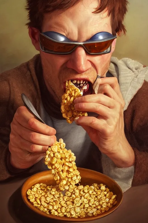 Image similar to cyclops eating cereal oil on canvas, intricate, portrait, 8k highly professionally detailed, HDR, CGsociety