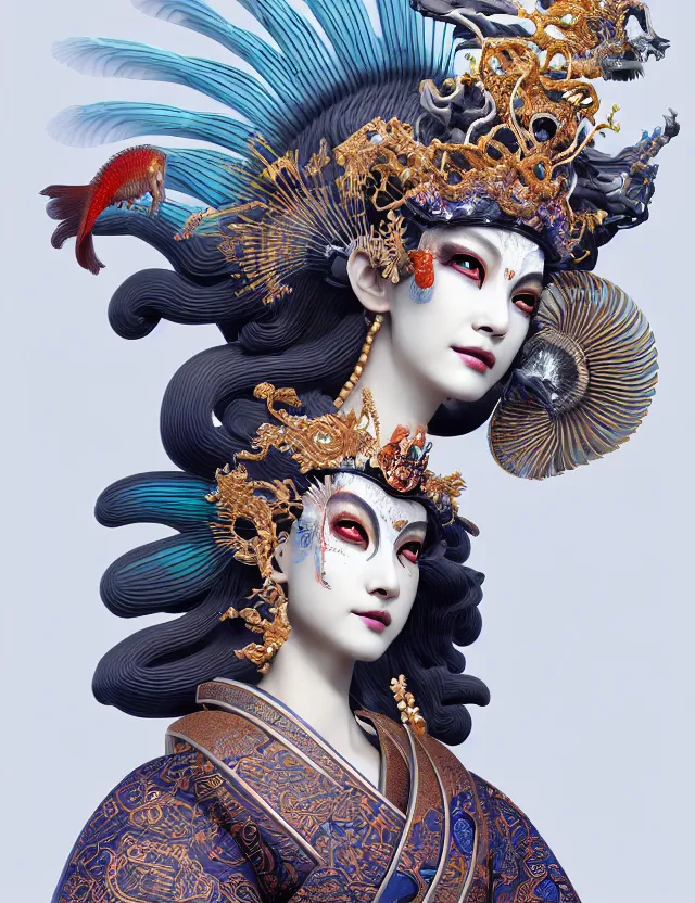 Image similar to 3 d goddess close - up profile portrait with crown, ram skull. beautiful intricately detailed japanese crow kitsune mask and clasical japanese kimono. betta fish, jellyfish phoenix, bio luminescent, plasma, ice, water, wind, creature, artwork by tooth wu and wlop and beeple and greg rutkowski