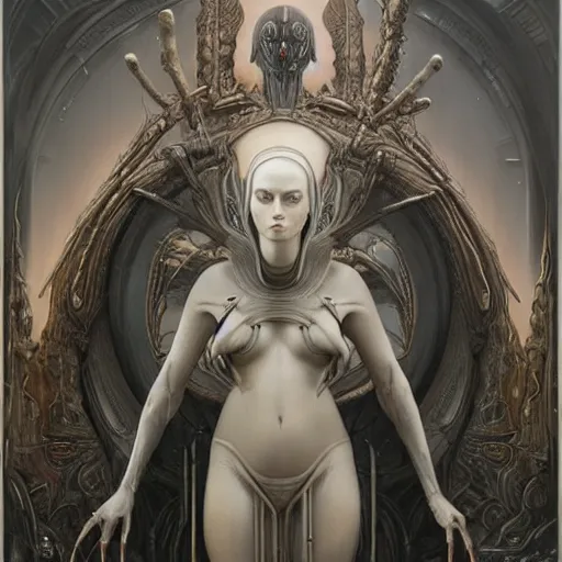 Image similar to by Tom Bagshaw, ultra realist soft painting of giger universe of curiosities, single female Xeno mutation in gothic armor, partial symmetry accurate features, very intricate details, focus, curvy, award winning, ultra dense fog