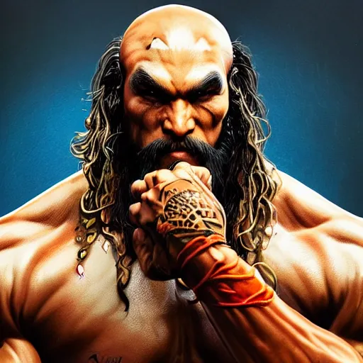 Image similar to jason momoa as dhalsim street fighter, ultra realistic, concept art, intricate details, highly detailed, photorealistic, octane render, 8 k, unreal engine, art by frank frazetta, simon bisley, brom