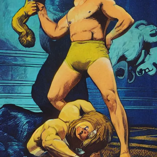 Prompt: Samson wrestling the lion, pulp science fiction illustration