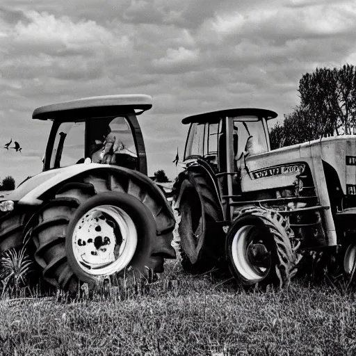 Prompt: a tractor surrounded by angry hillbillies, photograph, intense scene, dramatic