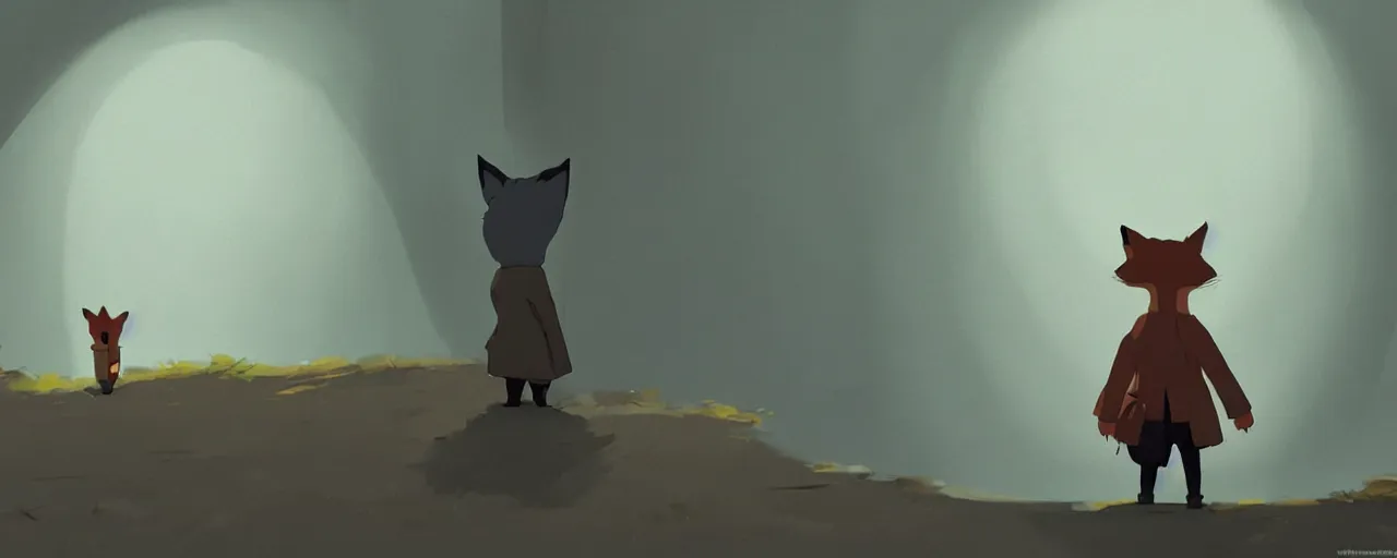 Prompt: a fox wearing a black trench - coat, goro fujita, studio ghibli, rim light, ominous lighting, clear focus, very coherent,