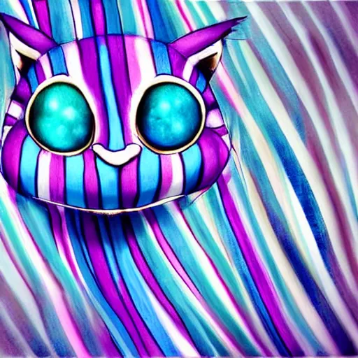 Prompt: cute blue striped cheshire cat. an adorable cat with light blue stripes, blue eyes and a big mischievous smile. award - winning digital art by mona sundberg