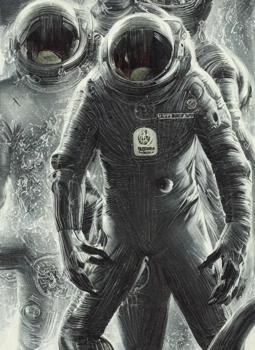 Image similar to astronauts divers in dark void underwater - complex and hyperdetailed technical suit design. reflection and dispersion materials. rays and dispersion of light. volumetric light. f / 3 2. noise film photo. flash photography. ultra realistic, 5 0 mm. poster by wayne barlowe, hajime sorayama aaron horkey, craig mullins