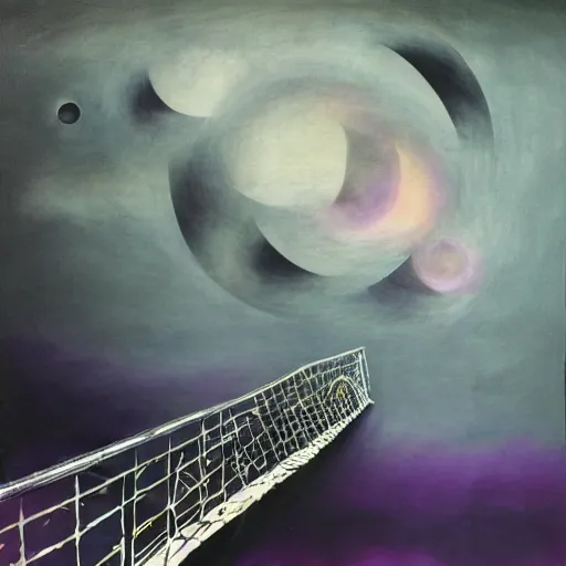 Image similar to a dark matter of purple sky with a black sun falls to the ground and breaks into fragments, metallic bridge, futurism, schizophrenia, hyperrealistic fall