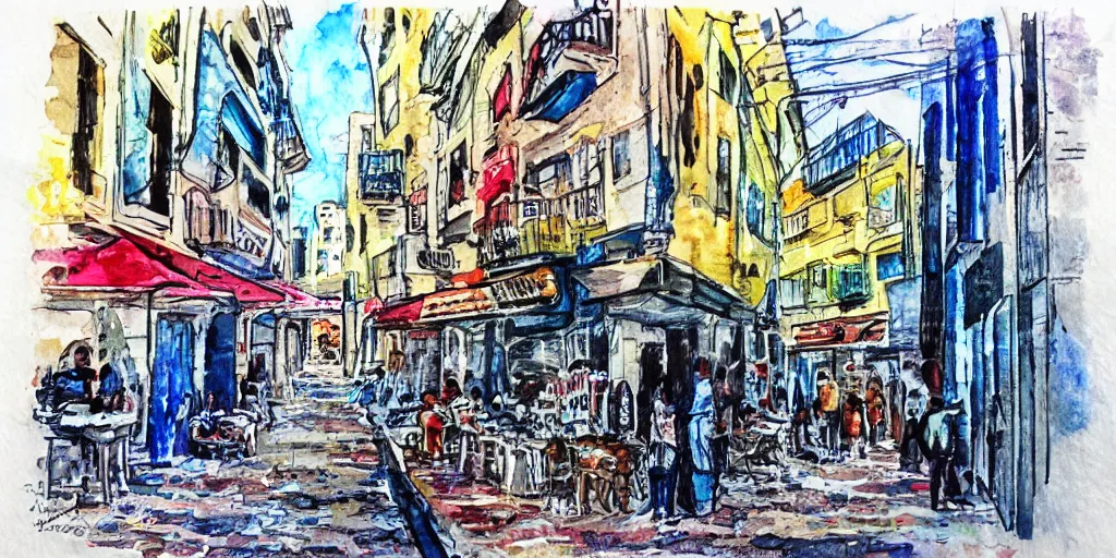 Prompt: streets of tel aviv. pen painting watercolors. colorful