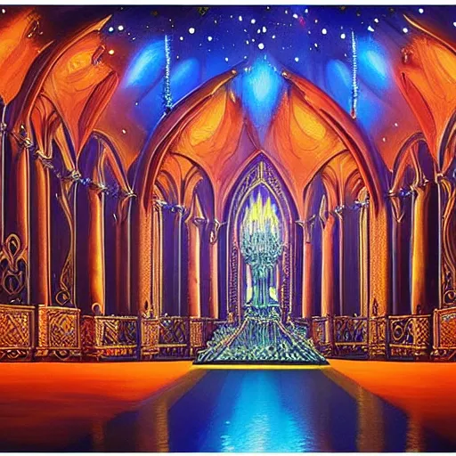 Image similar to ornate gothic performace stage with lights and large sound speaksers, by Megan Duncanson and Raphael Lacoste, detailed 3d gothic oil painting