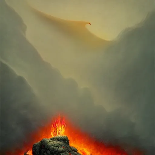 Image similar to a gorgeous Dragon roaring fire, standing in the rain on top of a mountain, highly detailed, digital painting, artstation, concept art, sharp focus, illustration, art by Gerald Brom and Zdzisław Beksinski