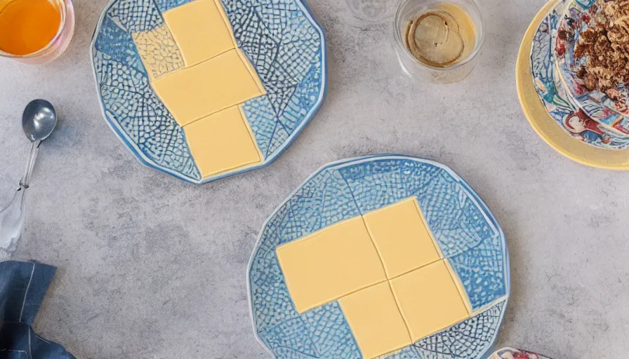 Prompt: recipe blog photo of a geometric tessellating dessert on a ceramic plate, top-down view