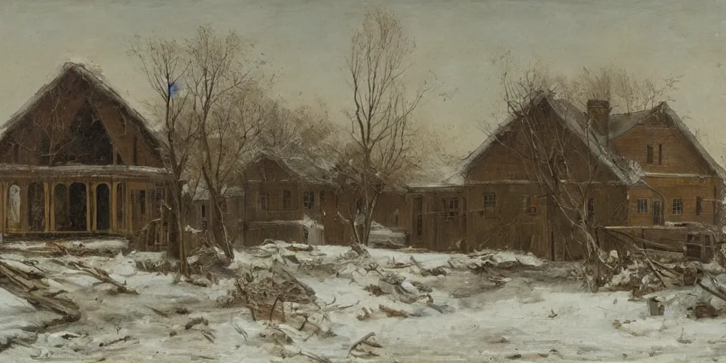 Image similar to a house in construction during a severe winter, by george henry durrie