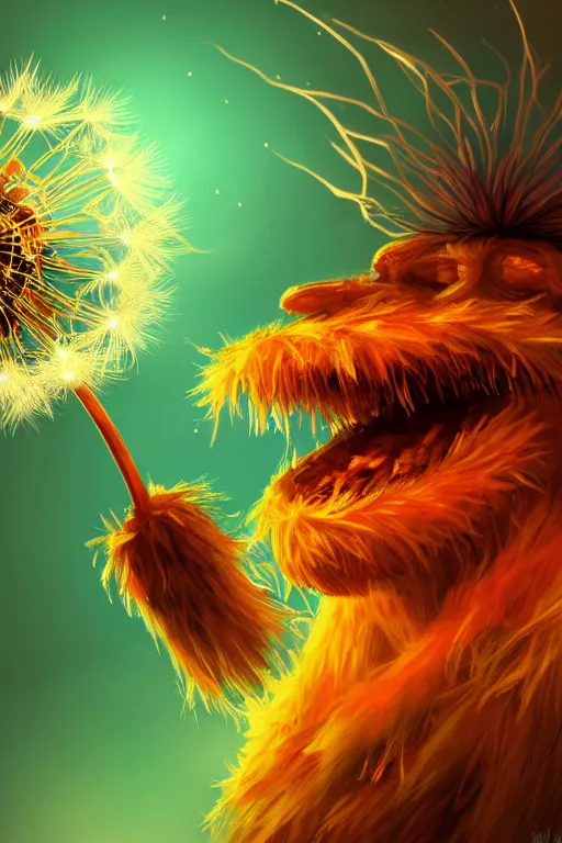 Prompt: a glowing humanoid figure dandelion monster with large glowing eyes, orange background, highly detailed, digital art, sharp focus, trending on art station, plant, anime art style