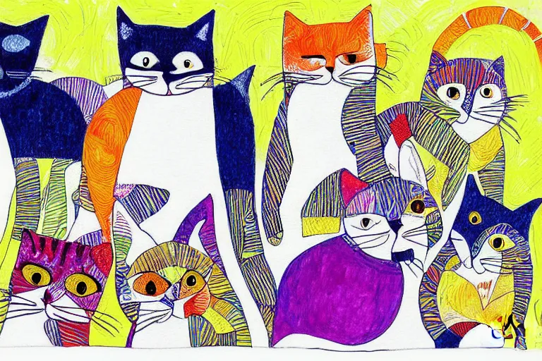 Image similar to beautiful art illustration of a group of cat by laurel burch