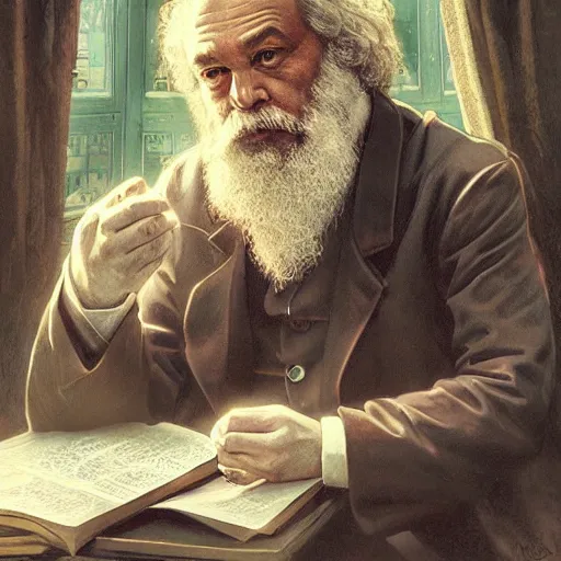 Prompt: portrait of Karl Marx pondering his orb, highly detailed, digital painting, artstation, concept art, smooth, sharp focus, illustration, art by magalie villeneuve and alan lee and artgerm and greg rutkowski and alphonse mucha