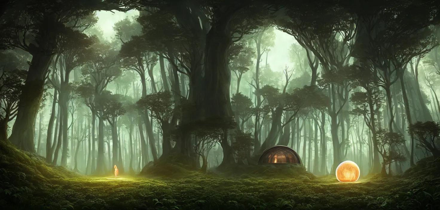 Image similar to random mystic forest huge house landscape, big round glowing magic portal house, central symmetrical composition, incredible, vector art, octane render, fabulous, hyper detailed, random cinematic view, no noise, global illumination, warm lighting, volumetric, godrays, vivid, beautiful, by jordan grimmer