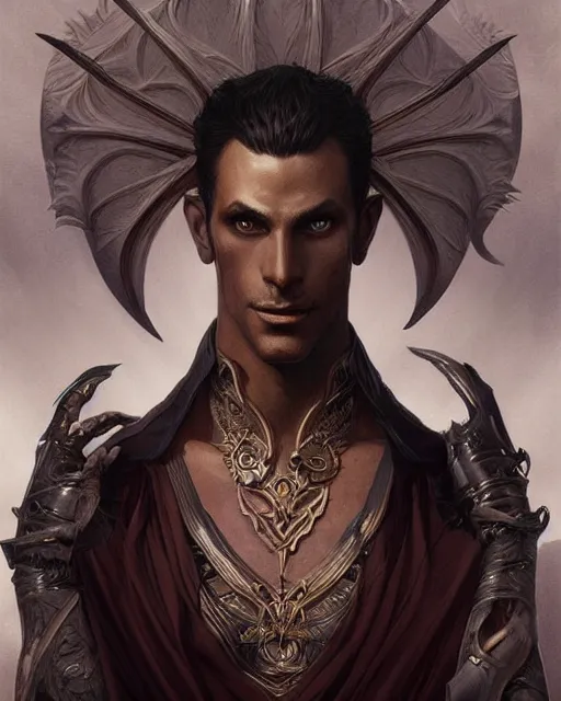 Image similar to portrait of a handsome male dark elf, fantasy, frank herbert, intricate, elegant, highly detailed, digital painting, artstation, concept art, sharp focus, illustration, art by artgerm and greg rutkowski and alphonse mucha