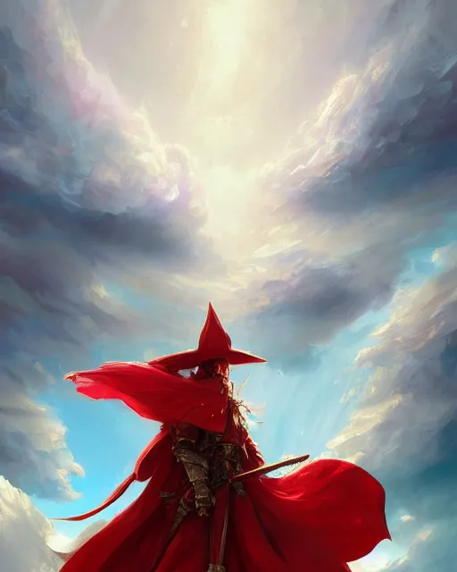 Image similar to A Full View of a Red Mage wearing magical shining armor and a feathered hat surrounded by an epic cloudscape. Magus. Red Wizard. Magimaster. Fantasy Illustration. masterpiece. 4k digital illustration. by Ruan Jia and Mandy Jurgens and Artgerm and greg rutkowski and Alexander Tsaruk and WLOP and Range Murata, award winning, Artstation, art nouveau aesthetic, Alphonse Mucha background, intricate details, realistic, panoramic view, Hyperdetailed, 8k resolution, intricate art nouveau