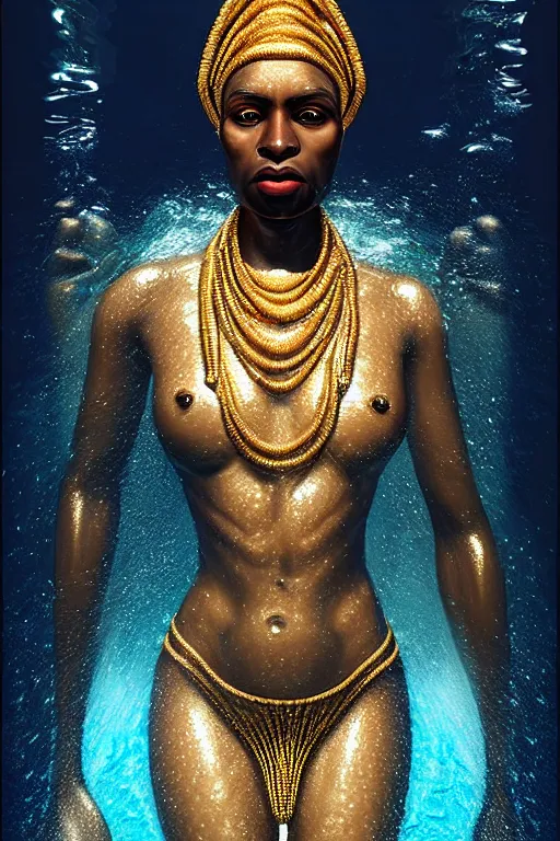 Image similar to hyperrealistic precisionist cinematic half underwater scene very expressive! translucent elegant african goddess full body, gold jewerly, highly detailed face, digital art masterpiece, aykut aydogdu eric zener, dramatic volumetric light, long shot, low angle uhd 8 k, sharp focus