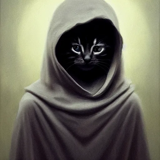 Image similar to a portrait of a kitten wearing a black hood, cloak covering face, anatomically correct, beautiful perfect face, enigmatic, oil painting, matte, black background, Volumetric dynamic lighting, Highly Detailed, Cinematic Lighting, Unreal Engine, 8k, HD, by Beksinski