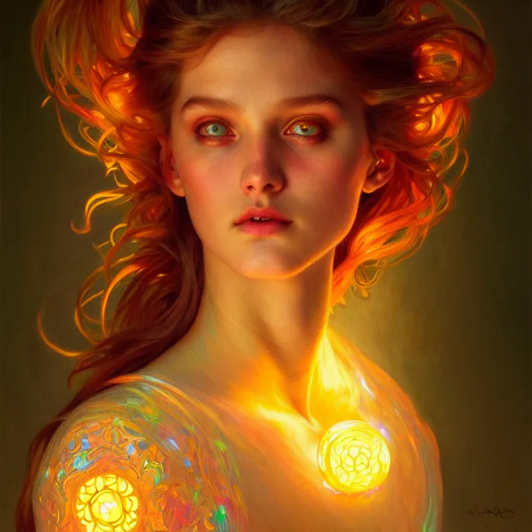 Image similar to bright asthetic portrait LSD glowing backlit, fantasy, intricate, elegant, dramatic lighting, highly detailed, lifelike, photorealistic, digital painting, artstation, illustration, concept art, smooth, sharp focus, art by John Collier and Albert Aublet and Krenz Cushart and Artem Demura and Alphonse Mucha