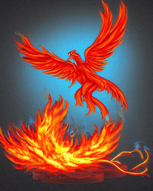 Image similar to a flaming phoenix with open wings sittong atop a pile of floppy disks