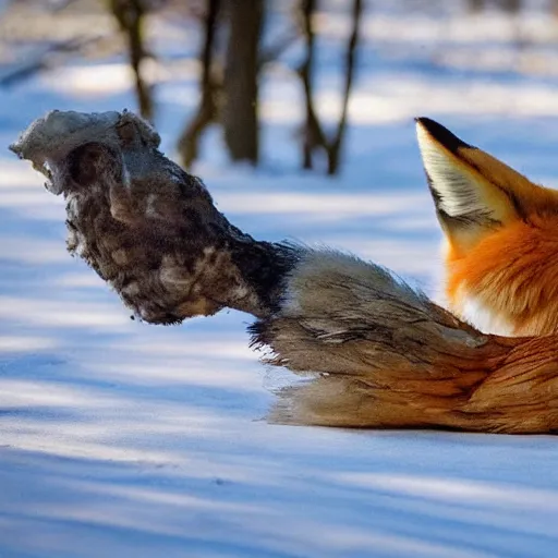 Prompt: fox with a dead chicken in its mouth, nature photography