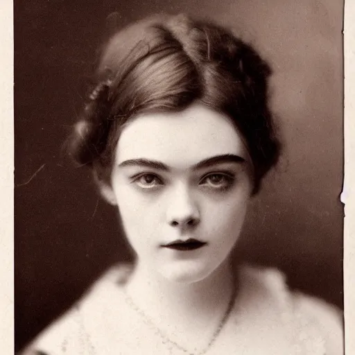 Prompt: headshot edwardian photograph of elle fanning, realistic face, trending on artstation, 1 9 1 0 ss, 1 9 0 0 s, 1 9 2 0 s, grainy, victorian, detailed, slightly blurry