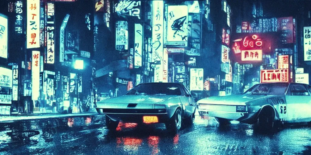 Prompt: a single amc amx / 3, speeding down tokyo highway in the rain, night time, neon lights, thunderstorm, movie still from the film bladerunner