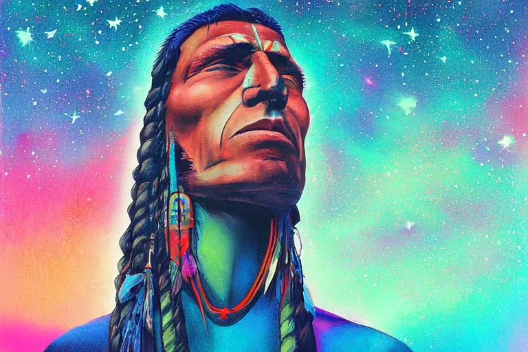 Image similar to digital art of a spiritual native american man looking up at the stars, acrylic art, universe, painting, pastel colors, synthwave, retro, cyberpunk,