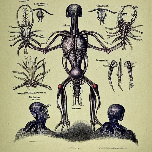 Image similar to “ a 1 9 th century illustration of alien anatomy, highly detailed ”