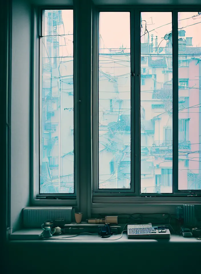 Prompt: telephoto 7 0 mm f / 2. 8 iso 2 0 0 photograph depicting the feeling of chrysalism in a cosy cluttered french sci - fi minimalist ( art nouveau ) cyberpunk apartment in a pastel dreamstate art cinema style. ( computer screens, window ( city view ), sink, lamp ( ( ( fish tank ) ) ) ), ambient light.