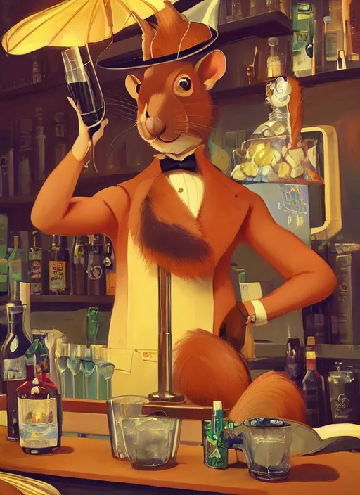 Prompt: squirrel anthro as a dapper bartender with a big, fluffy tail, retro futurism, art deco, detailed, painterly digital art by WLOP and Cory Loftis and Maxfield Parrish, 🐿🍸🍋, furaffinity, trending on artstation