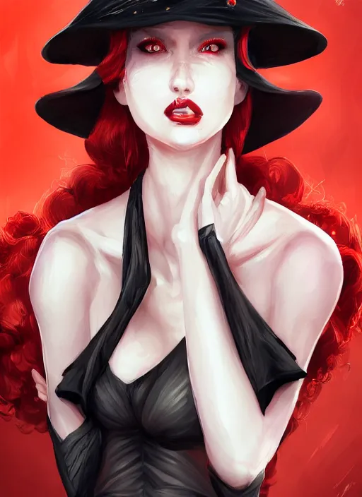 Prompt: a highly detailed illustration of tall beautiful red haired lady wearing black noir dress and black sun hat, dramatic smile pose, perfect face, perfect body, perfect eyes, intricate, elegant, highly detailed, centered, digital painting, artstation, concept art, smooth, sharp focus, league of legends concept art, wlop.