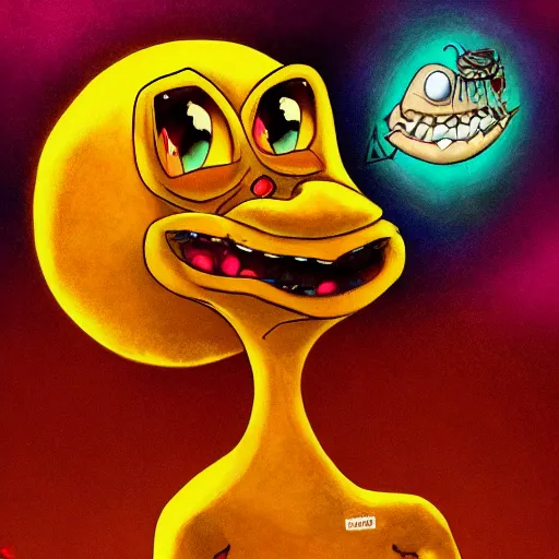 Image similar to courage the cowardly dog, cartoon, cute, scary, gross, beautiful digital painting, masterpiece, violence, intense themes, spectacular composition, hyper realism, intricate detail, brush strokes, lens flare