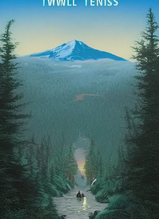 Prompt: Twin Peaks poster artwork by Michael Whelan and Tomer Hanuka, Rendering tencho pope, full of details, by Makoto Shinkai and thomas kinkade, Matte painting, trending on artstation and unreal engine