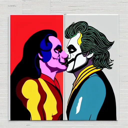 Image similar to richard hamilton and mimmo rottela as lady gaga harley queen and joaquin phoenix joker kissing, pop art, medium long shot, 2 color, justify content center, object details, dynamic composition, 4 k, ultra realistic art, smooth, sharp focus, illustration, concept art, intricate details, h 7 6 8