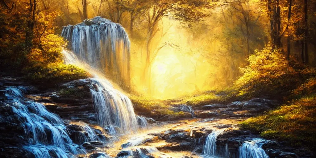 Prompt: golden hour waterfall nature landscape, matt painting, oil painting, ultra realistic, highly detailed, hd, sharp focus, cinematic lighting, warm colors, realistic, photorealistic, vivid colors, painting, non blurry, sharp, smooth, illustration